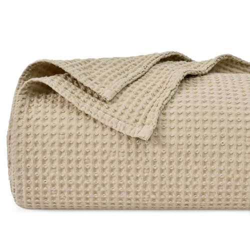 Image of PHF 100% Cotton Waffle Weave Blanket Single Size 130 x 150cm, Pre-Washed Lightweight Breathable Throw Blanket, Oeko-TEX Certified for Bed Couch Sofa, Home Decor, Khaki