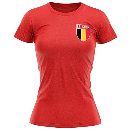 Image of Belgium Shirt Womens - Retro Belgium Flag Badge T Shirt - Football Country European Supporters 2020 Tee Her - Belgian Tournament 2021 Footy Soccer Top, XL, Red