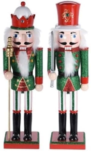 Image of Muddy Hands Set of 2 – 36cm Tall Green & Red Glittery Christmas Wooden Nutcracker Soldier Ornament Colourful Festive Xmas Wood Classic Traditional Decoration