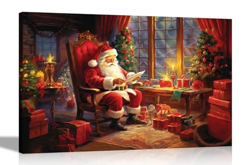 Image of Artley Prints - Happy Santa Opening Letters Canvas Wall Pictures Framed Art Prints for Hanging Christmas Colourful Decor 51 x 35cm (20 x 14 inches)