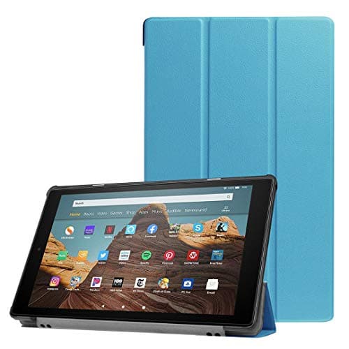 Image of SATURCASE Case for Amazon Fire HD 10 2019 Released (9th Generation), PU Leather Flip Foldable Folio Stand Protective Tablet Cover with Auto Sleep/Wake Function (Sky Blue)