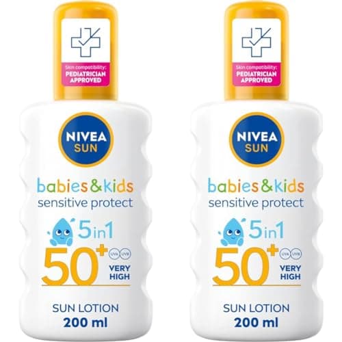 Image of NIVEA SUN Kids Protect & Sensitive Spray (200ml) Sunscreen Spray with SPF 50+, Kids Suncream for Sensitive Skin, Immediately Protects Against Sun Exposure (Pack of 2)