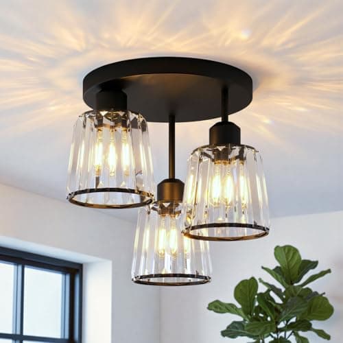 Image of ANWIO Light Fittings Ceilings,3 Black Ceiling Light,Ceiling Lights Living Room,E27 Light Shade Ceiling,Bedroom Ceiling Lamp,Crystal Chandeliers Ceiling Light for Kitchen (LAMP DIAM 25CM