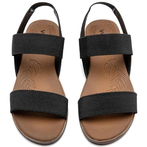 Image of Veittes Women'S Casual Flat Slide Sandals - Adjustable Elastic Strappy Double Bands Summer Flat Sandals.(2107021,BK/MF,4 UK)