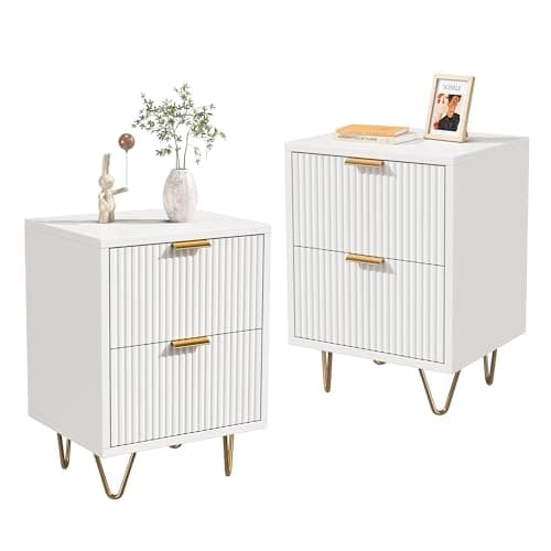 Image of NLDGR Bedside Table Set of 2, White Wooden Nightstand with 2 Storage Drawers, Small End Tables with Gold Metal Legs, 2 Drawer Bedside Chest, Sturdy Modern Cabinet for Bedroom Living Room