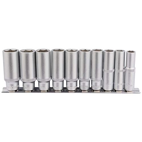 Image of Draper 16401 Square Drive Deep Socket 10 Pieces Set on Metal Rail, Blue, 3/8" Length