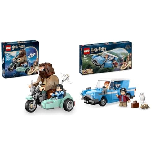 Image of LEGO Harry Potter Hagrid & Harry’s Motorcycle Ride + Flying Ford Anglia Car Display Birthday Gift for Wizarding World Fans 76443 + 76424