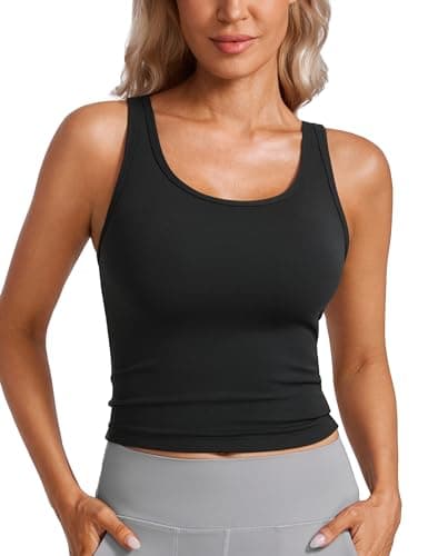 Image of CRZ YOGA Women's Butterluxe Double Lined Tank Tops Racerback Scoop Neck Crop Top Workout Sleeveless Tanks Top Black 10