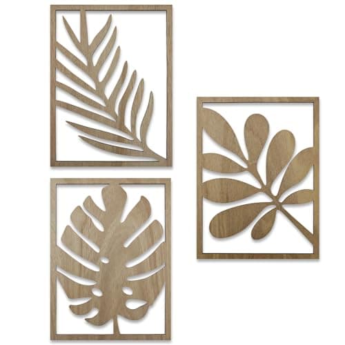 Image of Huakaile 3 Packs 11.81'' x 8.66''/30 x 22 CM Tropical Wall Art Decor, 3D Leaf Wooden Carved Wood Wall Art Sculpture for Living Room Bathroom Bedroom Home Rustic Decorations (Light Brown)