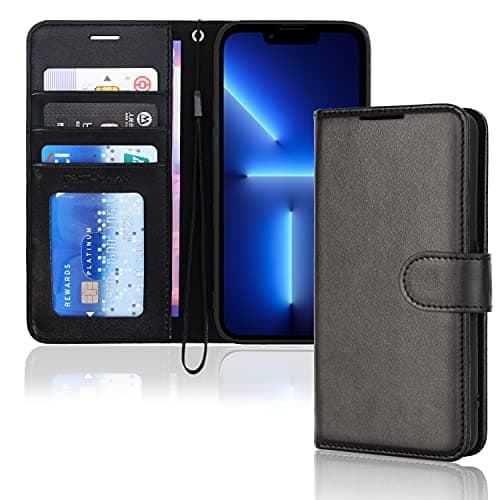Image of TECHGEAR iPhone 13 Pro Leather Wallet Case, Flip Protective Case Cover with Wallet Card Holder, Stand and Wrist Strap - Black PU Leather with Magnetic Closure Designed for iPhone 13 Pro 6.1"