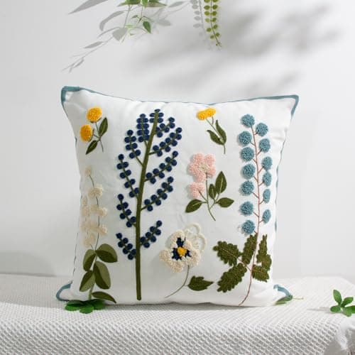 Image of caylidourua Floral Embroidered Cushion with Insert, 100% Cotton Canvas 3D Punch Needle Decorative Pillow, Extra Plump 650g Down Alternative Fill, Pastoral Design for Sofa Living Room, 18x18 (45x45cm)