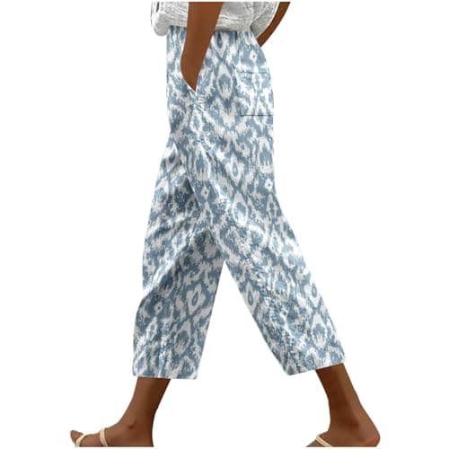 Image of Cropped Trousers Women UK Clearance Floral Print Elasticated Waist Linen Trousers Ladies Summer Wide Leg Beach Pants with Pockets Lightweight Comfy Casual Work Bottoms Holiday Clothes