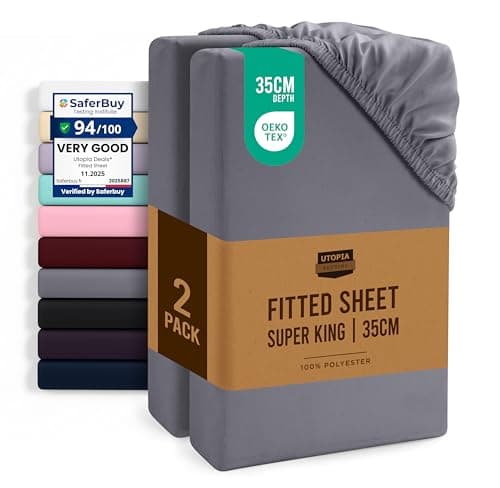 Image of Utopia Bedding Fitted Sheet Super King (2 Pack), Grey - Deep Pocket 14 inch (35 cm) - Oeko Tex Certified - Easy Care - Soft Brushed Microfibre Fabric - Shrinkage and Fade Resistant - Bottom Sheet