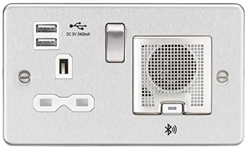 Image of Flat Plate 13A Socket, USB Chargers (2.4A) and Bluetooth Speaker - Brushed Chrome with White Insert