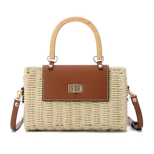Image of EVEOUT Rattan Crossbody Bag Women Summer Elegant Wicker Basket Handbag Boho Woven Straw Shoulder Bag with Handle for Beach Holiday