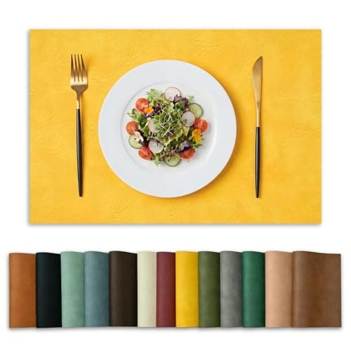 Image of Artoid Mode Yellow Faux Leather Placemats Set of 6, 30 x 45 cm PU Leather Heat-Resistant Table Mats for Party Kitchen Dining Decoration