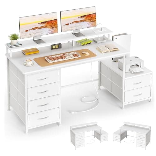 Image of Flrrtenv 128cm Desk with Fabric File Cabinet, Computer Desk with Shelves and Drawers, Writing Table with Monitor Stand, Study Table Workstation for Home Office, White