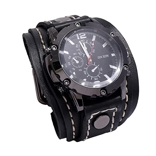 Image of Vintage Style Wristwatch Bracelet with Wide Leather Strap, Large Dial with Subdials, Mechanism, Suitable for Men, Black