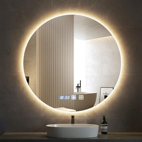 Image of Bellanny Bathroom Mirror with LED Light, 600MM Round Illuminated Bathroom Mirror, Wall Mounted Vanity Mirror with Demister Pad, 3 Colors Dimmable, Positive Backlight, Time Setting
