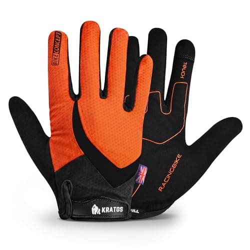 Image of Kratos Cycling Gloves for Men and Women, Shock Absorbing Gel Padded Mountain Bike Gloves - Anti Slip & Breathable MTB Gloves with Adjustable Hook and Loop Fastening (Orange (Full Finger), L)