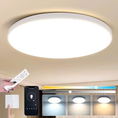 Image of CANMEIJIA LED Bathroom Light with Remote Control, 12 Inch Dimmable 3000K/4500K/6500K Flush Light for Living Room Bedroom Hallway, White