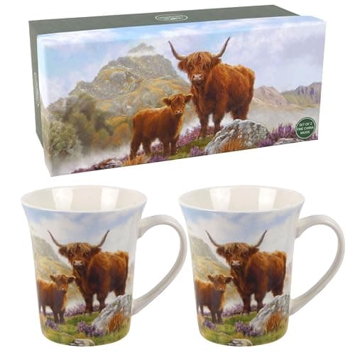 Image of The Leonardo Collection Highland Cow Mug Set of 2 Macneil Studios, Tea and Coffee Mugs for Hot Drinks | Fine China Printed Mugs for Kitchen & Home | Reusable Ceramic Cups for Every Occasion
