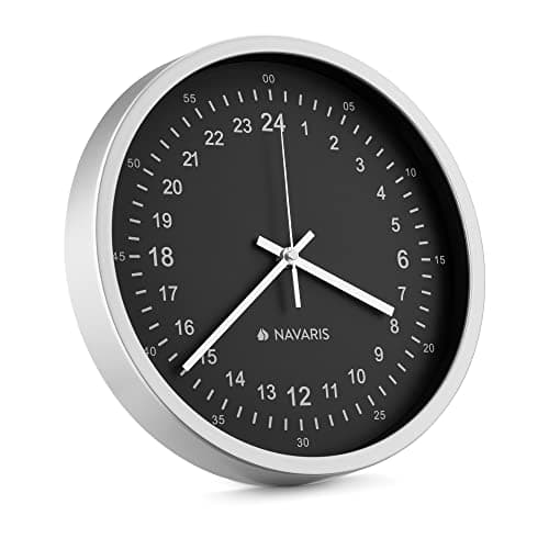 Image of Navaris 24 Hour Analogue Wall Clock - 24 Hour Unusual Quirky Wall Clock with 24hr Analogue Display and Smooth Movement - Silver with Black Face
