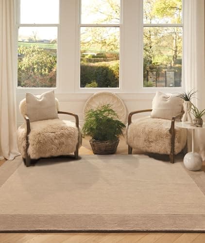 Image of Lord of Rugs Wool Border Rug for Living Room Bedroom Sierra Apollo Carpet Thick Soft Hand Tufted Home Area Rug Natural Small 80x150 cm (2'6"x5')