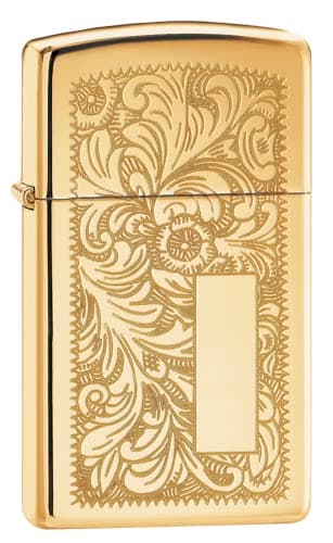 Image of Zippo Windproof Lighter - Venetian Gold - High Polish Brass - Slim Case - Refillable for Lifetime Use - Adjustable Flame - Gift Box - Metal - Made in USA