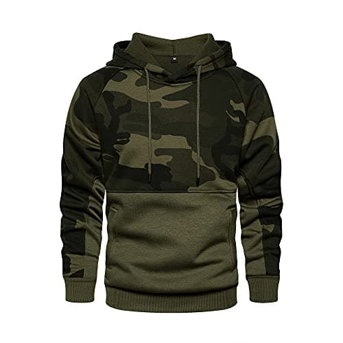 Image of AOTORR Mens Hoodies Pullover Camo Hooded Sweatshirt Patchwork Top Long Sleeve Hoody Casual Tops with Pockets WY42 Army Green M