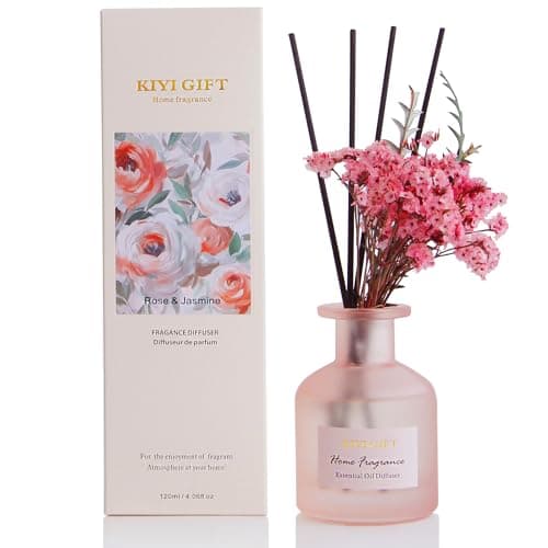 Image of Kiyigift Jasmine Rose Reed Diffuser Set - Scented Home Fragrance Diffuser for Bedroom, Bathroom, Living Room (4.06oz, Pink Glass Bottle, Up to 90 Days)