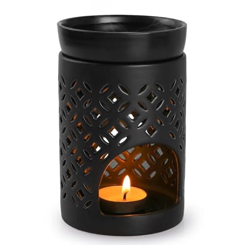 Image of Bighan Wax Melt Burner Ceramic Oil Burner Aroma Diffuser Split-type Hollow design Essential Oil Burners Aromatherapy with Tealight Holder for Home, Bedroom,Yoga Room Decor-Black