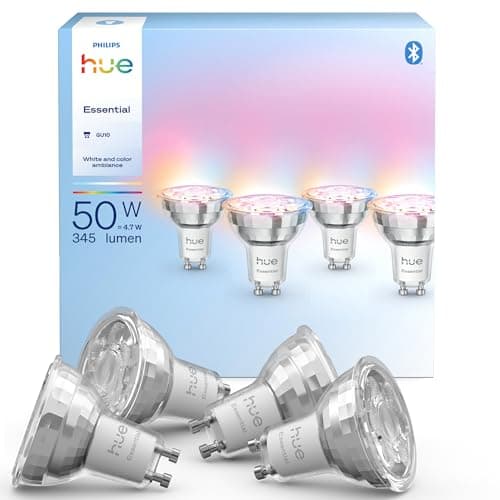 Image of Philips Hue Essential Smart LED GU10 Spotlight Bulb, White and Color Ambiance, 4.7W, 2200K-6500K, 345 Lumens, Dimmable, Works with Alexa, Google Assistant, and Apple Home, 4 Pack