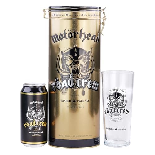 Image of Motörhead Road Crew American Pale Ale Premium Tin Gift Set. Includes 440ml Can and Branded Glass and Pale British Ale by iconic Heavy Metal band. Perfect for Christmas. By Blue Tree Gifts.
