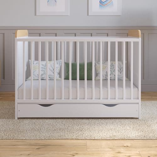Image of Love For Sleep LEVI Baby Cot Bed 120x60cm - Wooden Convertible Toddler Bed with Large Drawer and Quilted Microfiber Foam Mattress (White/Pine)