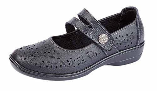 Image of Boulevard Womens Ladies Genuine Leather Mary Jane Touch Fastening Slip On Casual Summer Sandals Pumps Shoes UK 4-8 (Black, Numeric_6)