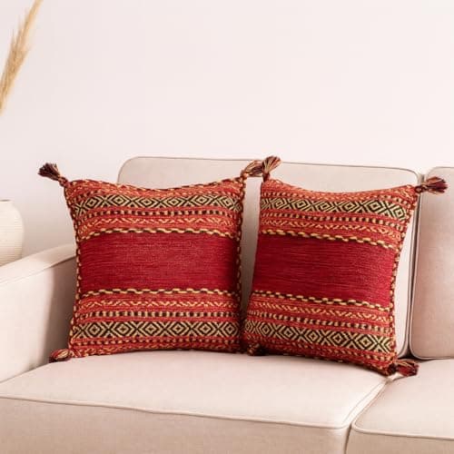 Image of Indian Handmade Cotton Chenille Kilim Rug | Vibrant Flatweave, Ethnic Design, Handwoven, Durable, Soft, Braided Edges & Tassels, Ideal for Living Room, Bedroom, and Hallway-Cusion Cover Pack of 2