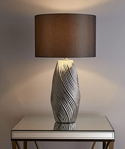 Image of Tall Ceramic Silver Table lamp with a Round Dark Grey lamp Shade Swirl Pattern