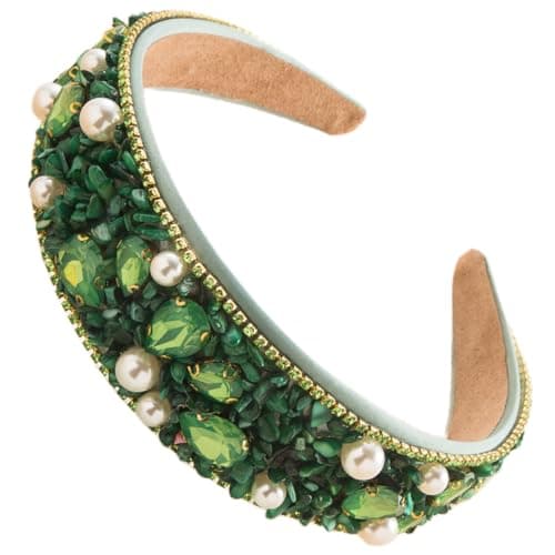 Image of scicent Pearl Headband Hair Accessories for Girls Rhinestone Crystal Dressy Head Band Fashion Green Diamond Padded Hair Band Sparkly Bling Head Hoops 25512