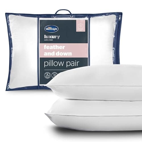 Image of Silentnight Feather and Down Pillows 2 Pack - Luxury Hotel Quality Duck Feather Pillows with Breathable Cotton Cover and Anti-Bacterial - Machine Washable