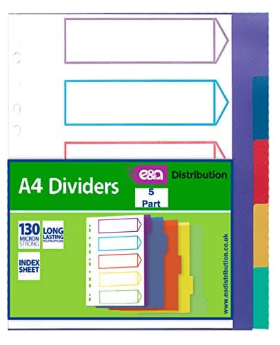 Image of A4 File Dividers Plastic Coloured Tabs Subject Filing Numbered A-Z (5 Part A4 Dividers)