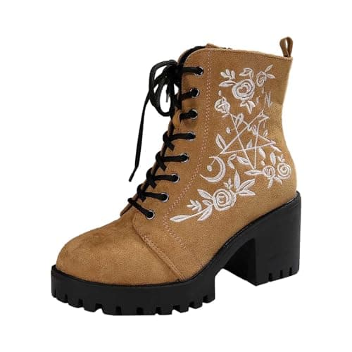 Image of Generisch Women's Lace Up Ankle Boots Embroidered Floral Thick Heel Short Shoes for Fashion Progress Comfort, khaki, 8.5 UK