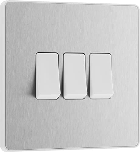 Image of BG Electrical Triple Wall Light Switch, 2 Way, Screwless Front Plate, Round Edges, Evolve, Brushed Steel, 20A, 16AX, PCDBS43W