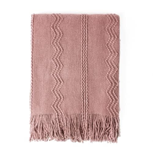 Image of BOURINA Textured Solid Soft Sofa Throw Couch Cover Knitted Decorative Blanket, Coral Pink, 127x152cm