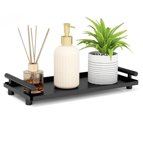 Image of BETHOM Bathroom Tray, Metal Black Decorative Vanity Tray with Handle, Rectangle Countertop Organizer Small Storage for Cosmetic Perfume Jewelry Soap Candle Plant Tissue