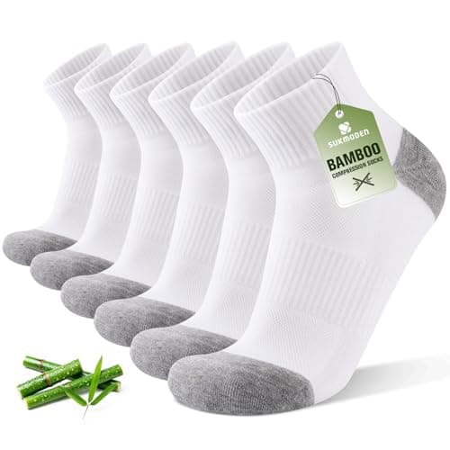 Image of SukModen Compression Ankle Support Running Socks Men Women, 3 Pairs Quarter Bamboo Breathable Trainer Socks, Wicking Plantar Fasciitis Relief, Athletic for Sports Tennis White Grey 9-11