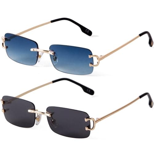 Image of Laurinny Vintage Rimless Sunglasses Retro Rectangle Sunglasses for Men Women Trendy Sun Glasses Shades 90s Eyewear(2 Pack(Gradient Blue+Grey))