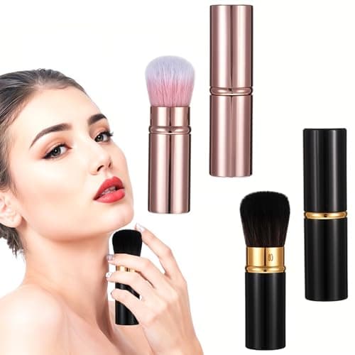 Image of Grevosea Retractable Makeup Brush, 2 Pack Blusher Brushes Retractable Kabuki Brush with Cover Extensible Foundation Brush for Women Liquid Cream Foundation Concealer Blush Makeup (Gold, Black)