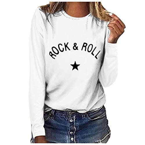 Image of Lazzboy Women Blouse Tops Long Sleeve Casual Solid Letters Slogan Star Print Fit Sweatshirt Pullover Jumper Shirt (L(10),White -Rock & roll)
