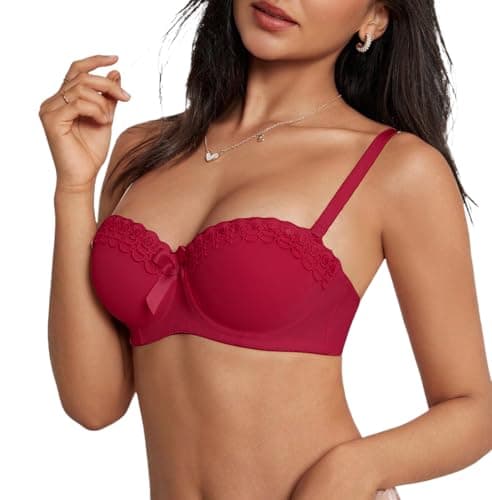 Image of changlizi Push Up Underwire Bras - Floral Lace Padded T-Shirt Sexy Bralette Lift up Comfort Everyday Bra with Adjustable Straps for Women & Girls, Wine Red-80B/36B